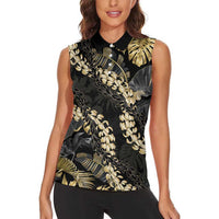 Gold Tropical Leaves Hawaii Mikioi Lei Women Sleeveless Polo Shirt Luxury Stylized LT01 - Polynesian Pride