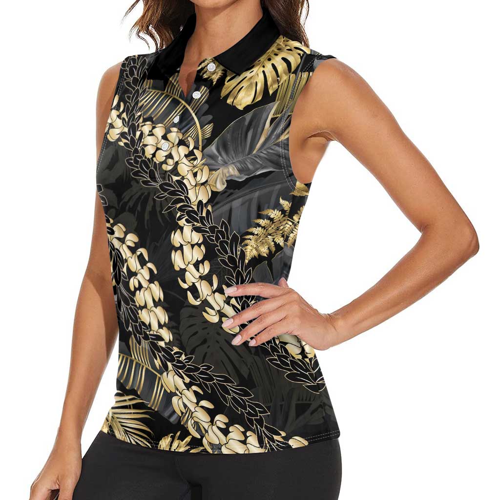 Gold Tropical Leaves Hawaii Mikioi Lei Women Sleeveless Polo Shirt Luxury Stylized LT01 - Polynesian Pride