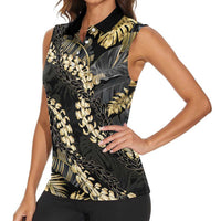 Gold Tropical Leaves Hawaii Mikioi Lei Women Sleeveless Polo Shirt Luxury Stylized LT01 - Polynesian Pride