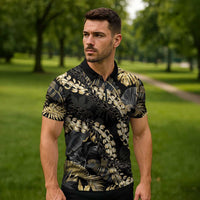 Gold Tropical Leaves Hawaii Mikioi Lei Zipper Polo Shirt Luxury Stylized - Polynesian Pride
