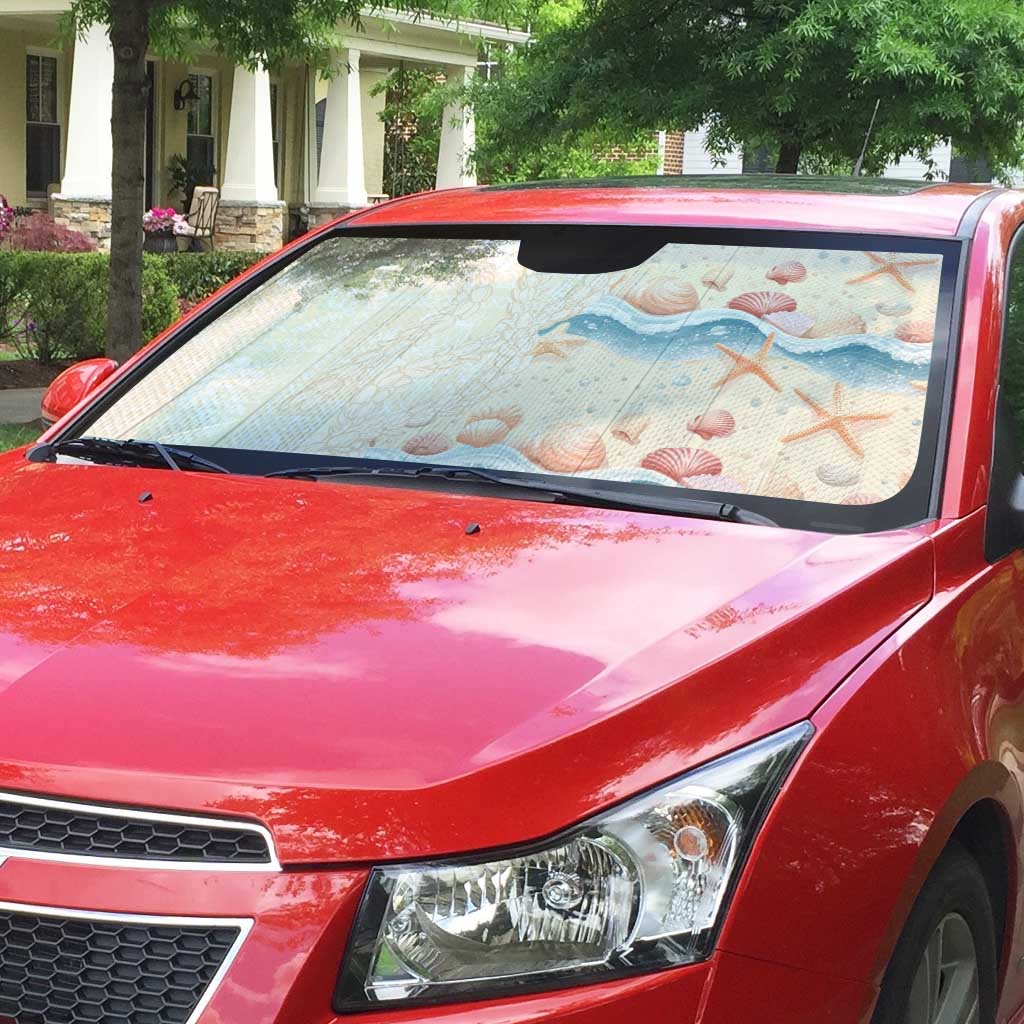 Beige Hawaii Lei Seashells Starfish Auto Sun Shade Sandy Sylized - Polynesian Pride