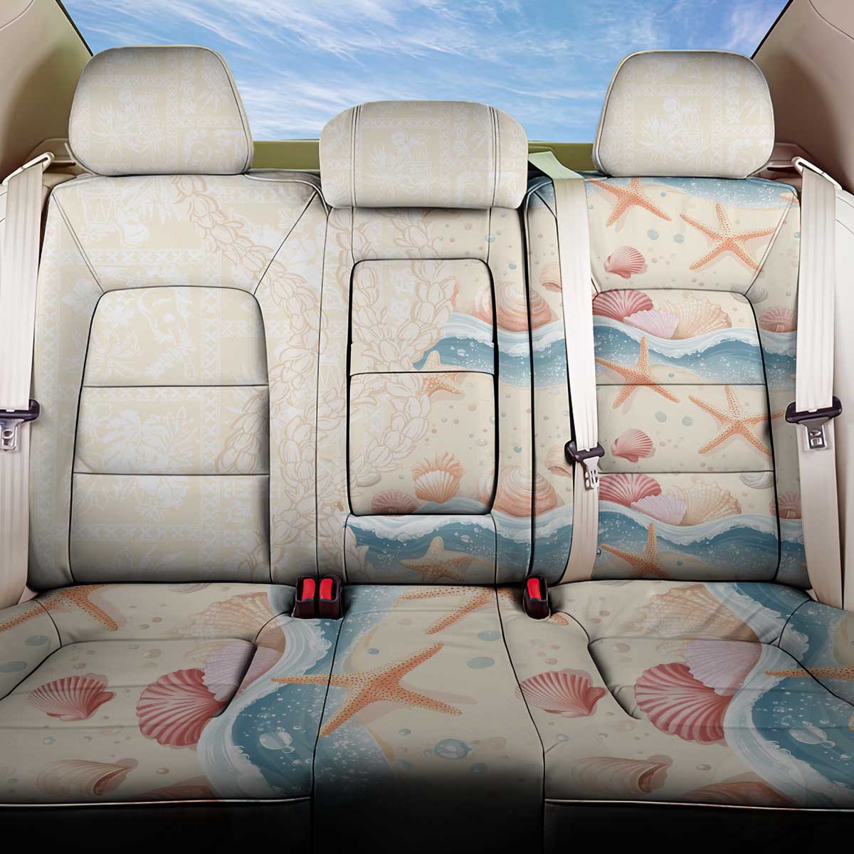 Beige Hawaii Lei Seashells Starfish Back Car Seat Cover Sandy Sylized - Polynesian Pride