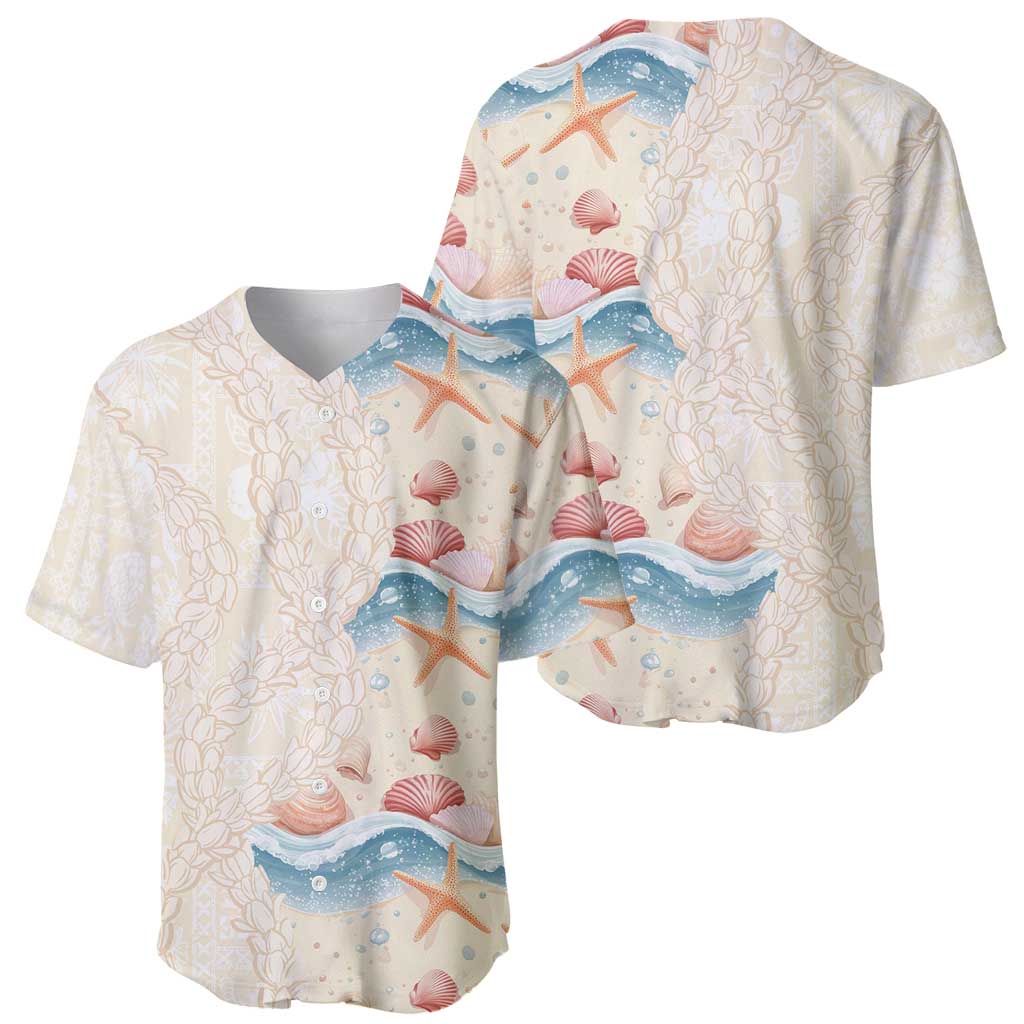 Beige Hawaii Lei Seashells Starfish Baseball Jersey Sandy Sylized - Polynesian Pride