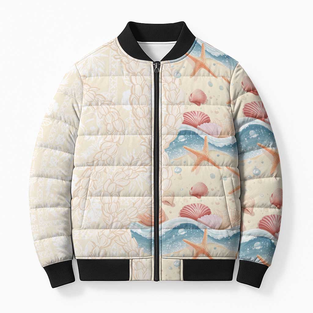 Beige Hawaii Lei Seashells Starfish Bomber Puffer Jacket Sandy Sylized LT01 Unisex Beige - Polynesian Pride