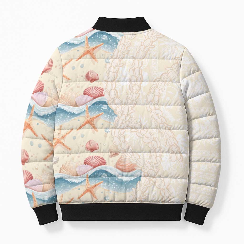 Beige Hawaii Lei Seashells Starfish Bomber Puffer Jacket Sandy Sylized LT01 - Polynesian Pride