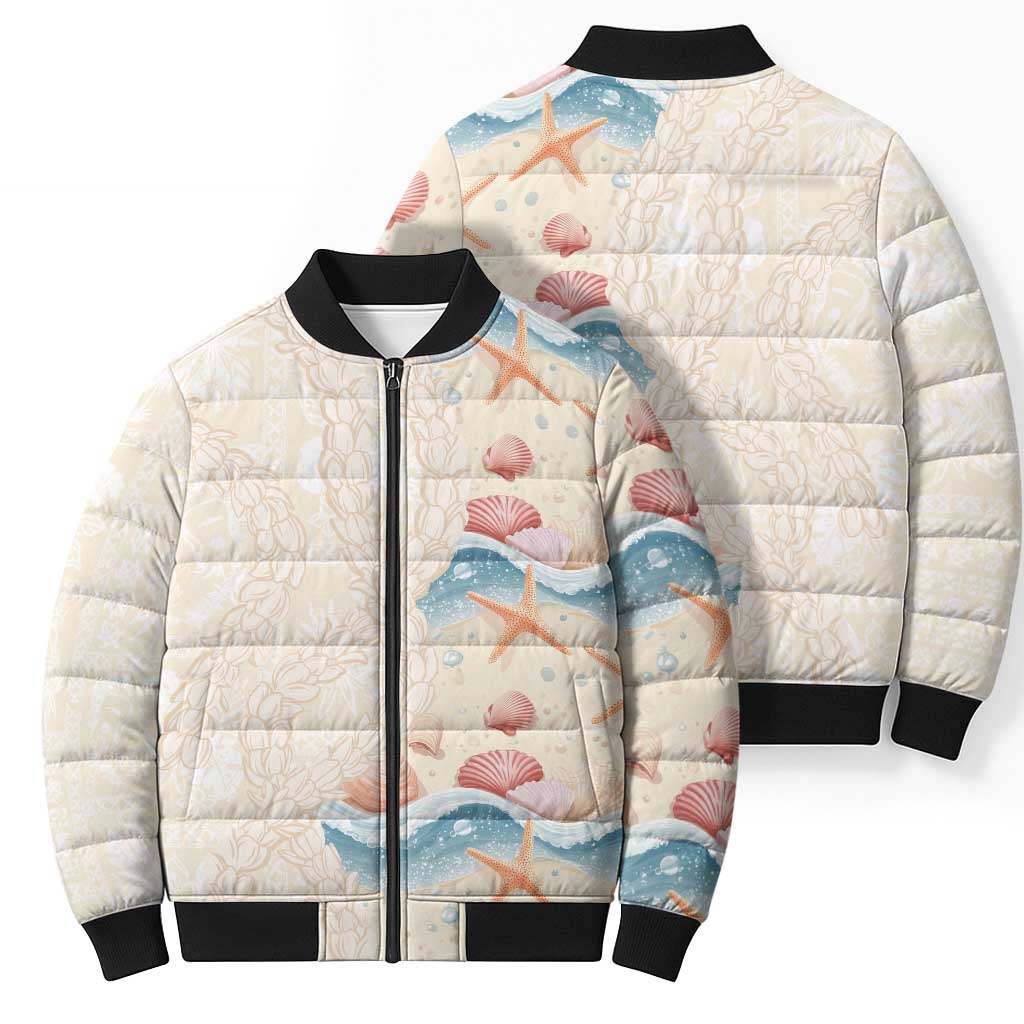 Beige Hawaii Lei Seashells Starfish Bomber Puffer Jacket Sandy Sylized LT01 - Polynesian Pride