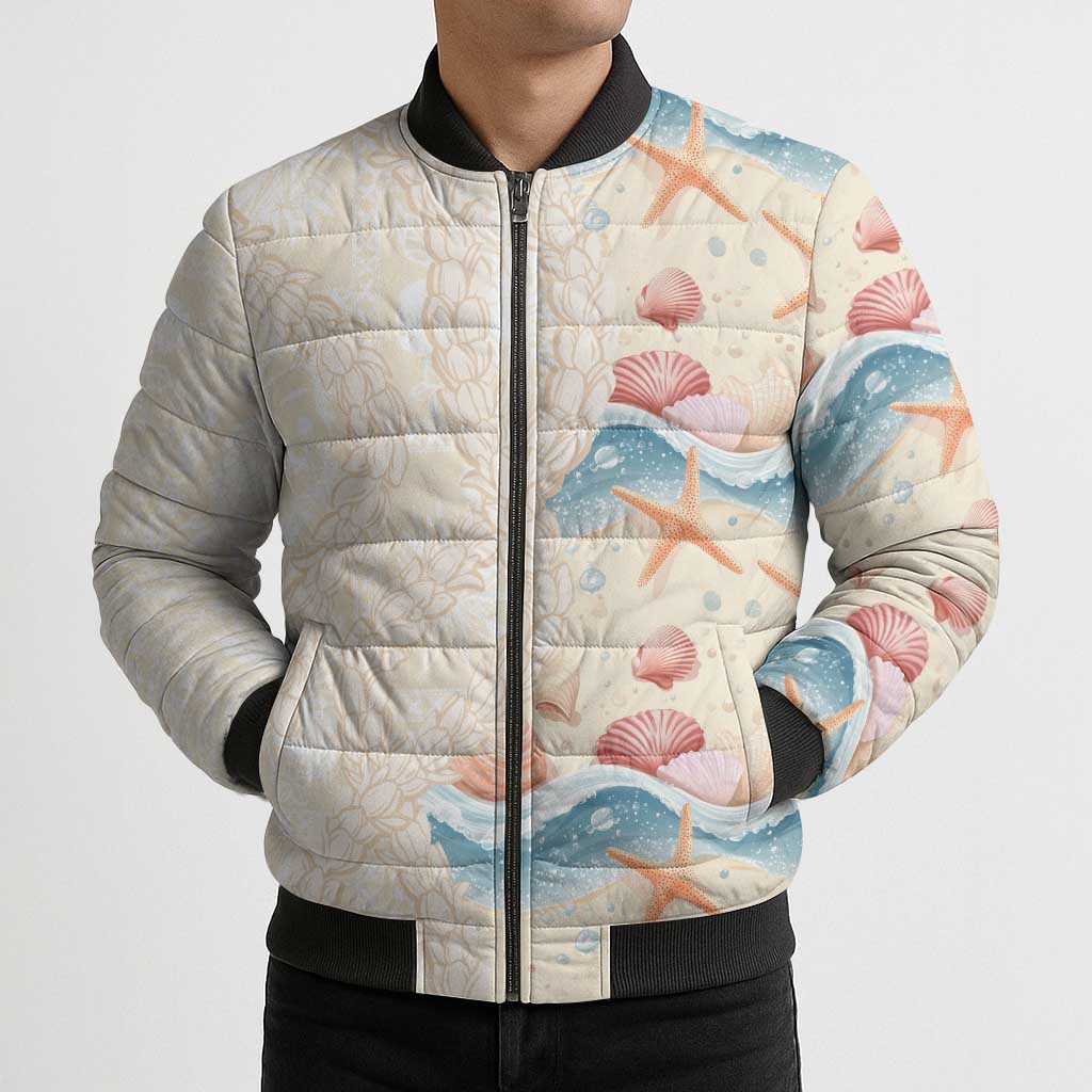 Beige Hawaii Lei Seashells Starfish Bomber Puffer Jacket Sandy Sylized LT01 - Polynesian Pride