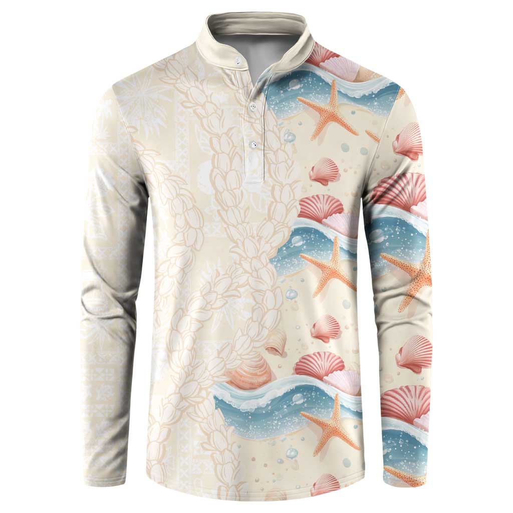 Beige Hawaii Lei Seashells Starfish Button Sweatshirt Sandy Sylized LT01 Beige - Polynesian Pride