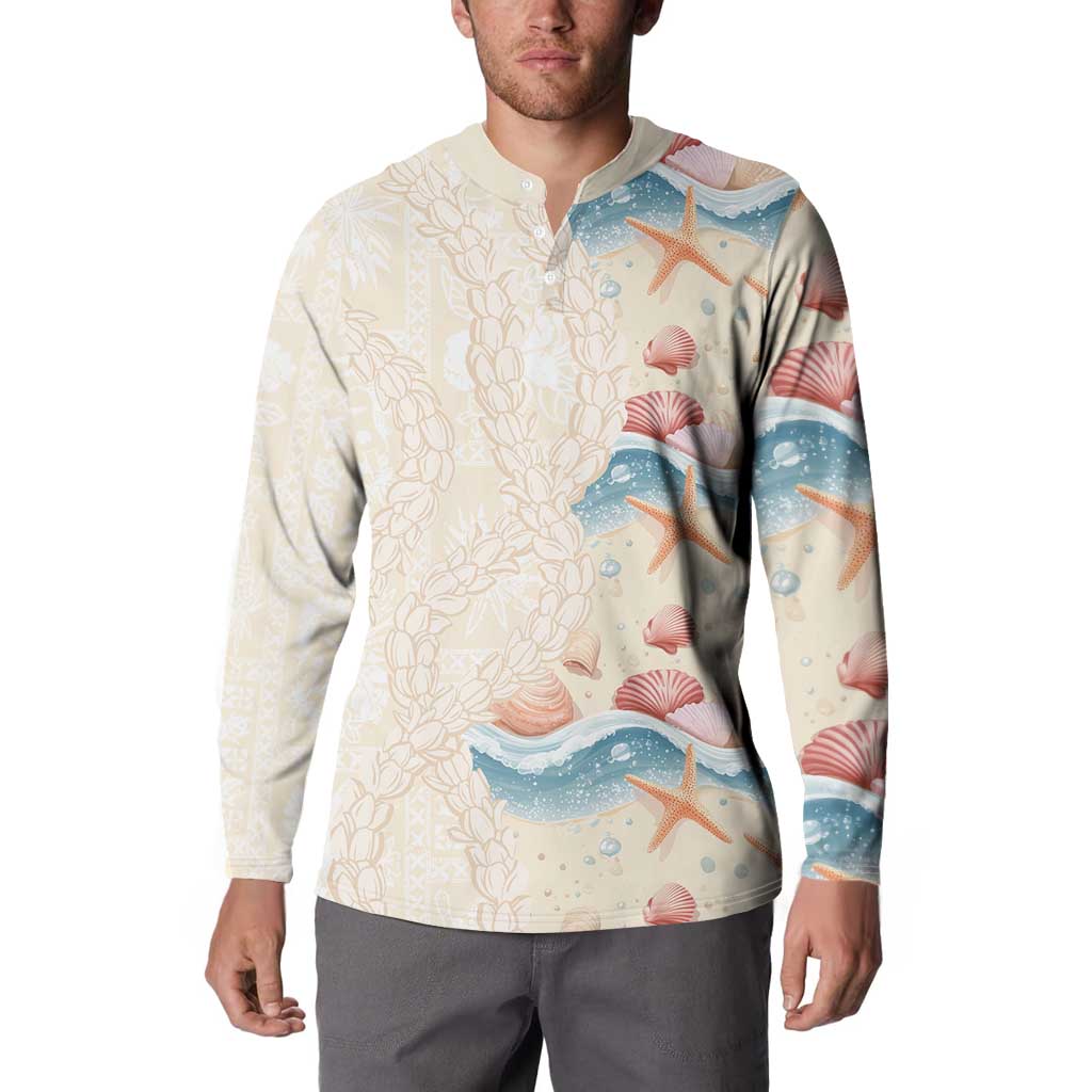 Beige Hawaii Lei Seashells Starfish Button Sweatshirt Sandy Sylized LT01 - Polynesian Pride