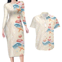 Beige Hawaii Lei Seashells Starfish Couples Matching Long Sleeve Bodycon Dress and Hawaiian Shirt Sandy Sylized LT01 Beige - Polynesian Pride