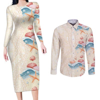 Beige Hawaii Lei Seashells Starfish Couples Matching Long Sleeve Bodycon Dress and Long Sleeve Button Shirt Sandy Sylized LT01 Beige - Polynesian Pride
