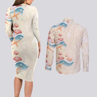Beige Hawaii Lei Seashells Starfish Couples Matching Long Sleeve Bodycon Dress and Long Sleeve Button Shirt Sandy Sylized LT01 - Polynesian Pride