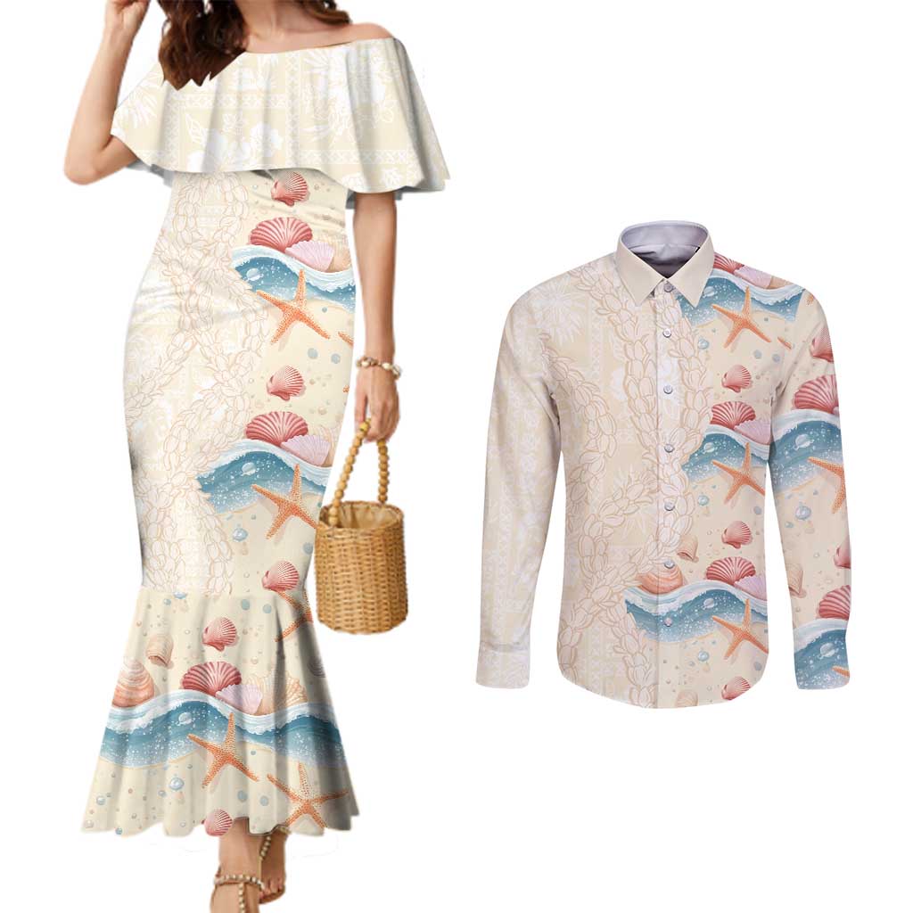 Beige Hawaii Lei Seashells Starfish Couples Matching Mermaid Dress and Long Sleeve Button Shirt Sandy Sylized LT01 Beige - Polynesian Pride