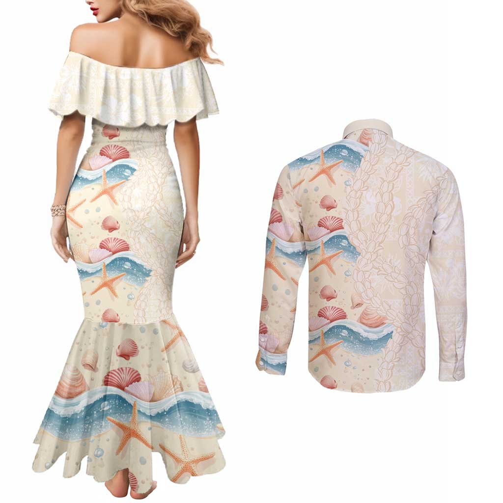 Beige Hawaii Lei Seashells Starfish Couples Matching Mermaid Dress and Long Sleeve Button Shirt Sandy Sylized - Polynesian Pride