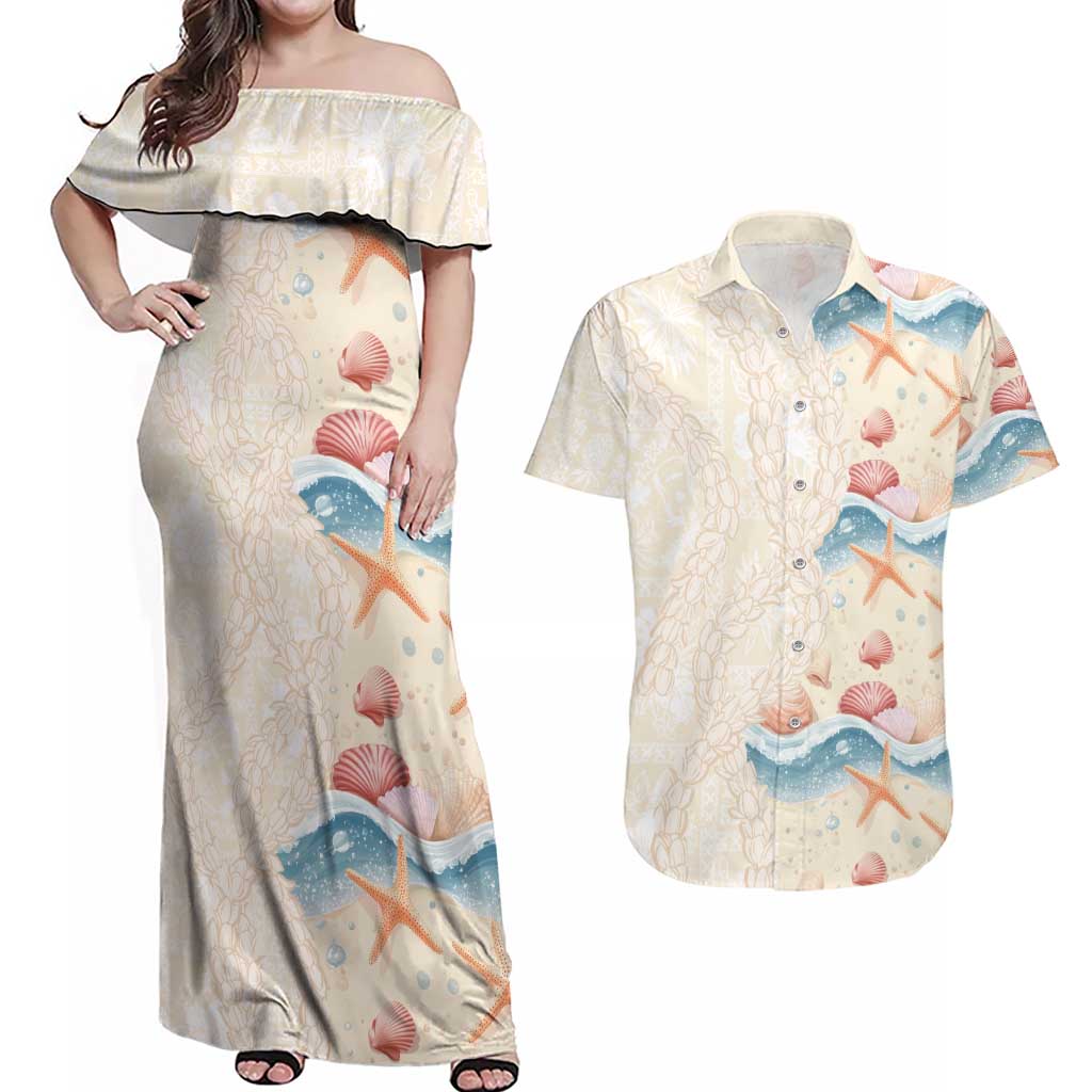 Beige Hawaii Lei Seashells Starfish Couples Matching Off Shoulder Maxi Dress and Hawaiian Shirt Sandy Sylized LT01 Beige - Polynesian Pride
