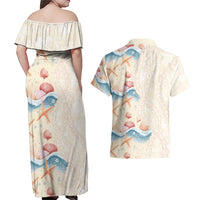 Beige Hawaii Lei Seashells Starfish Couples Matching Off Shoulder Maxi Dress and Hawaiian Shirt Sandy Sylized LT01 - Polynesian Pride