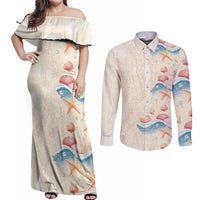 Beige Hawaii Lei Seashells Starfish Couples Matching Off Shoulder Maxi Dress and Long Sleeve Button Shirt Sandy Sylized LT01 Beige - Polynesian Pride