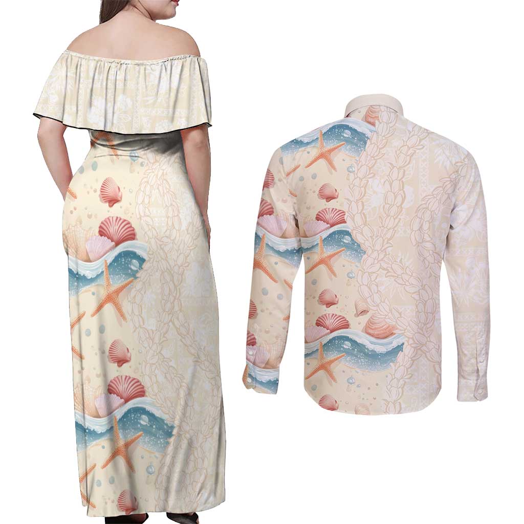Beige Hawaii Lei Seashells Starfish Couples Matching Off Shoulder Maxi Dress and Long Sleeve Button Shirt Sandy Sylized LT01 - Polynesian Pride