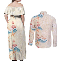Beige Hawaii Lei Seashells Starfish Couples Matching Off Shoulder Maxi Dress and Long Sleeve Button Shirt Sandy Sylized LT01 - Polynesian Pride