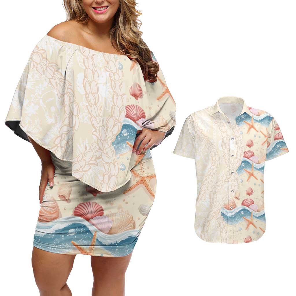 Beige Hawaii Lei Seashells Starfish Couples Matching Off Shoulder Short Dress and Hawaiian Shirt Sandy Sylized LT01 Beige - Polynesian Pride