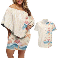 Beige Hawaii Lei Seashells Starfish Couples Matching Off Shoulder Short Dress and Hawaiian Shirt Sandy Sylized LT01 Beige - Polynesian Pride