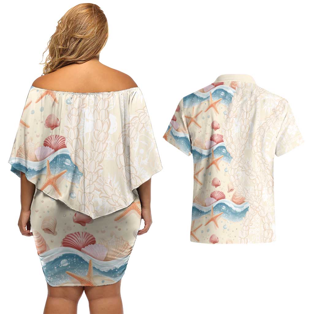Beige Hawaii Lei Seashells Starfish Couples Matching Off Shoulder Short Dress and Hawaiian Shirt Sandy Sylized LT01 - Polynesian Pride