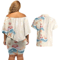 Beige Hawaii Lei Seashells Starfish Couples Matching Off Shoulder Short Dress and Hawaiian Shirt Sandy Sylized LT01 - Polynesian Pride