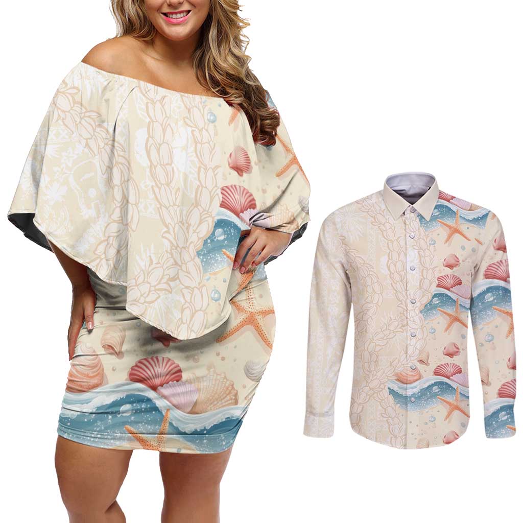 Beige Hawaii Lei Seashells Starfish Couples Matching Off Shoulder Short Dress and Long Sleeve Button Shirt Sandy Sylized LT01 Beige - Polynesian Pride