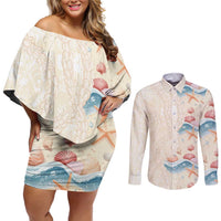 Beige Hawaii Lei Seashells Starfish Couples Matching Off Shoulder Short Dress and Long Sleeve Button Shirt Sandy Sylized LT01 Beige - Polynesian Pride