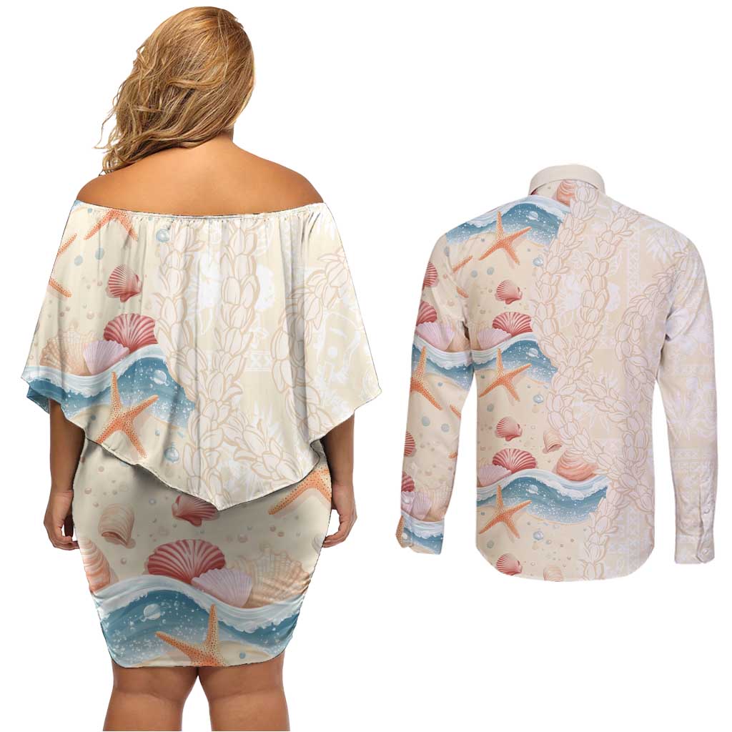 Beige Hawaii Lei Seashells Starfish Couples Matching Off Shoulder Short Dress and Long Sleeve Button Shirt Sandy Sylized LT01 - Polynesian Pride