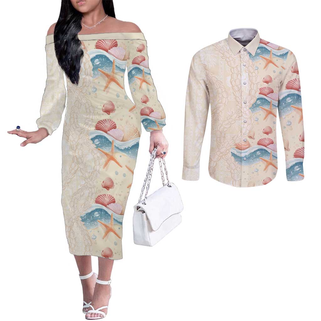 Beige Hawaii Lei Seashells Starfish Couples Matching Off The Shoulder Long Sleeve Dress and Long Sleeve Button Shirt Sandy Sylized LT01 Beige - Polynesian Pride