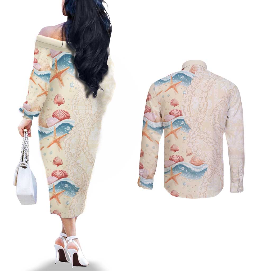 Beige Hawaii Lei Seashells Starfish Couples Matching Off The Shoulder Long Sleeve Dress and Long Sleeve Button Shirt Sandy Sylized LT01 - Polynesian Pride