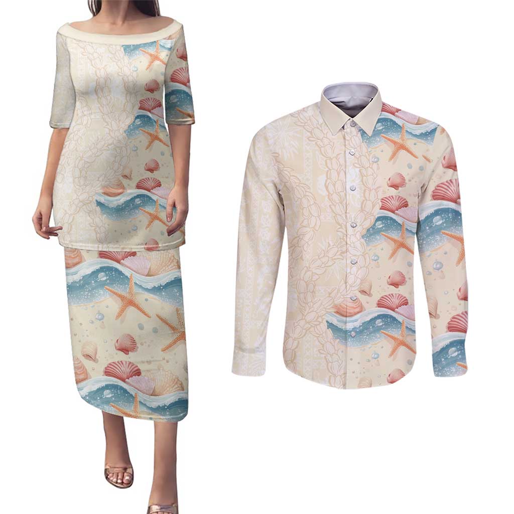 Beige Hawaii Lei Seashells Starfish Couples Matching Puletasi and Long Sleeve Button Shirt Sandy Sylized LT01 Beige - Polynesian Pride