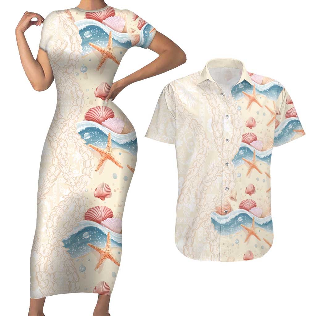 Beige Hawaii Lei Seashells Starfish Couples Matching Short Sleeve Bodycon Dress and Hawaiian Shirt Sandy Sylized LT01 Beige - Polynesian Pride