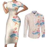 Beige Hawaii Lei Seashells Starfish Couples Matching Short Sleeve Bodycon Dress and Long Sleeve Button Shirt Sandy Sylized LT01 Beige - Polynesian Pride