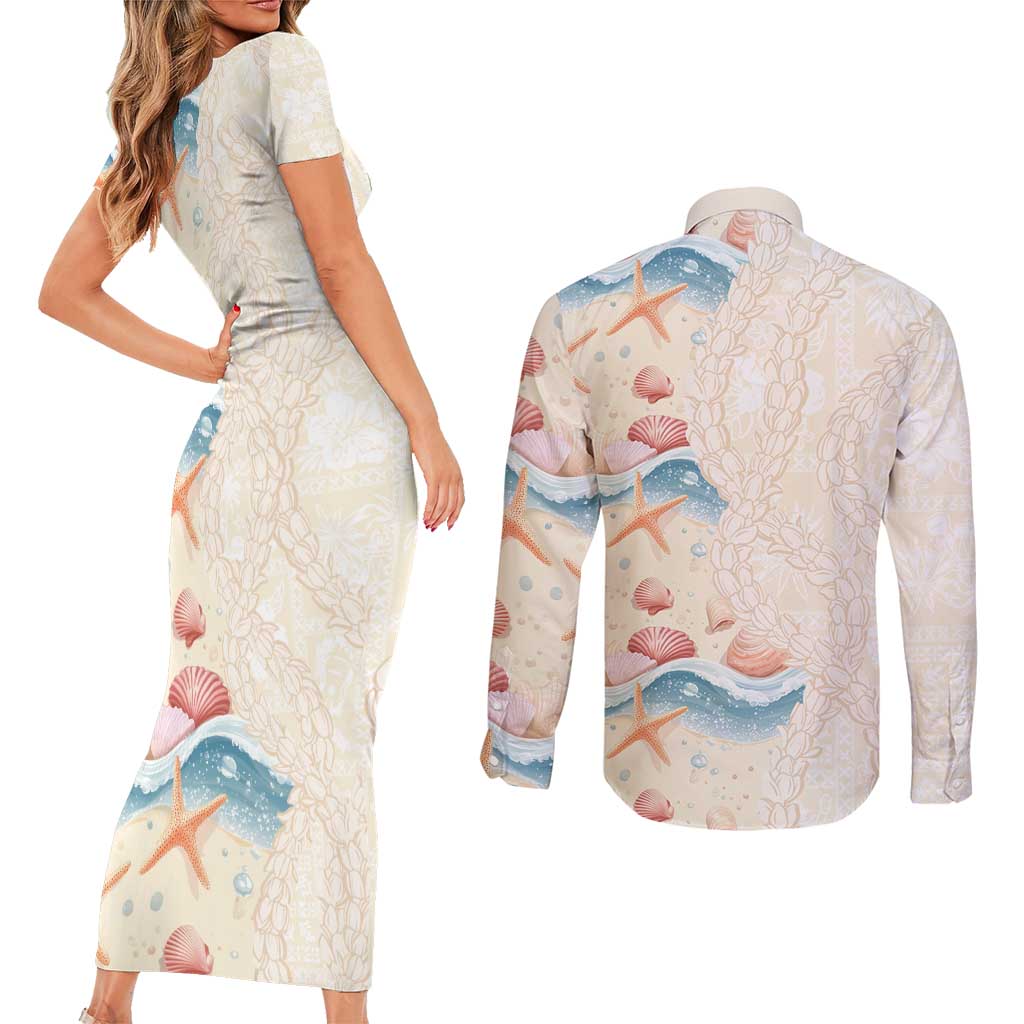 Beige Hawaii Lei Seashells Starfish Couples Matching Short Sleeve Bodycon Dress and Long Sleeve Button Shirt Sandy Sylized LT01 - Polynesian Pride
