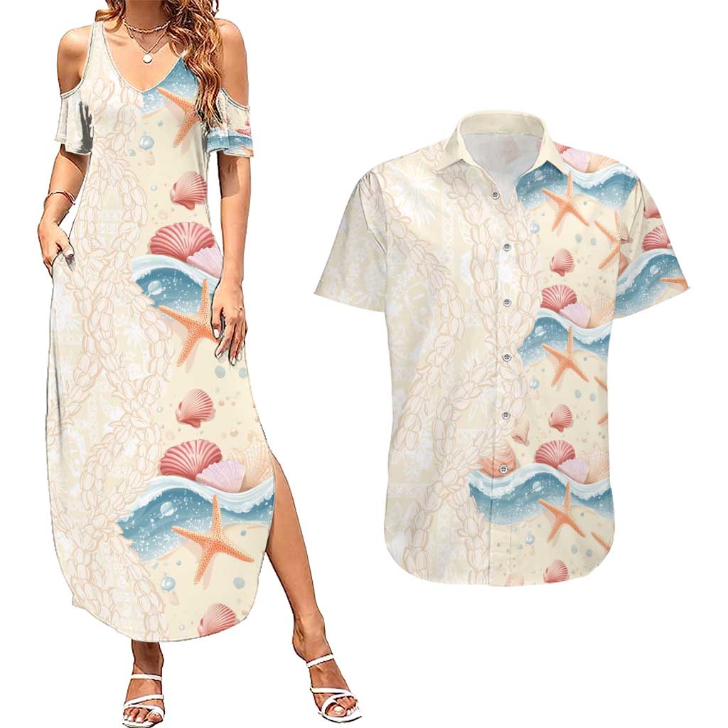 Beige Hawaii Lei Seashells Starfish Couples Matching Summer Maxi Dress and Hawaiian Shirt Sandy Sylized LT01 Beige - Polynesian Pride