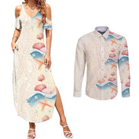 Beige Hawaii Lei Seashells Starfish Couples Matching Summer Maxi Dress and Long Sleeve Button Shirt Sandy Sylized LT01 Beige - Polynesian Pride