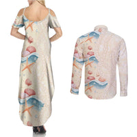 Beige Hawaii Lei Seashells Starfish Couples Matching Summer Maxi Dress and Long Sleeve Button Shirt Sandy Sylized LT01 - Polynesian Pride