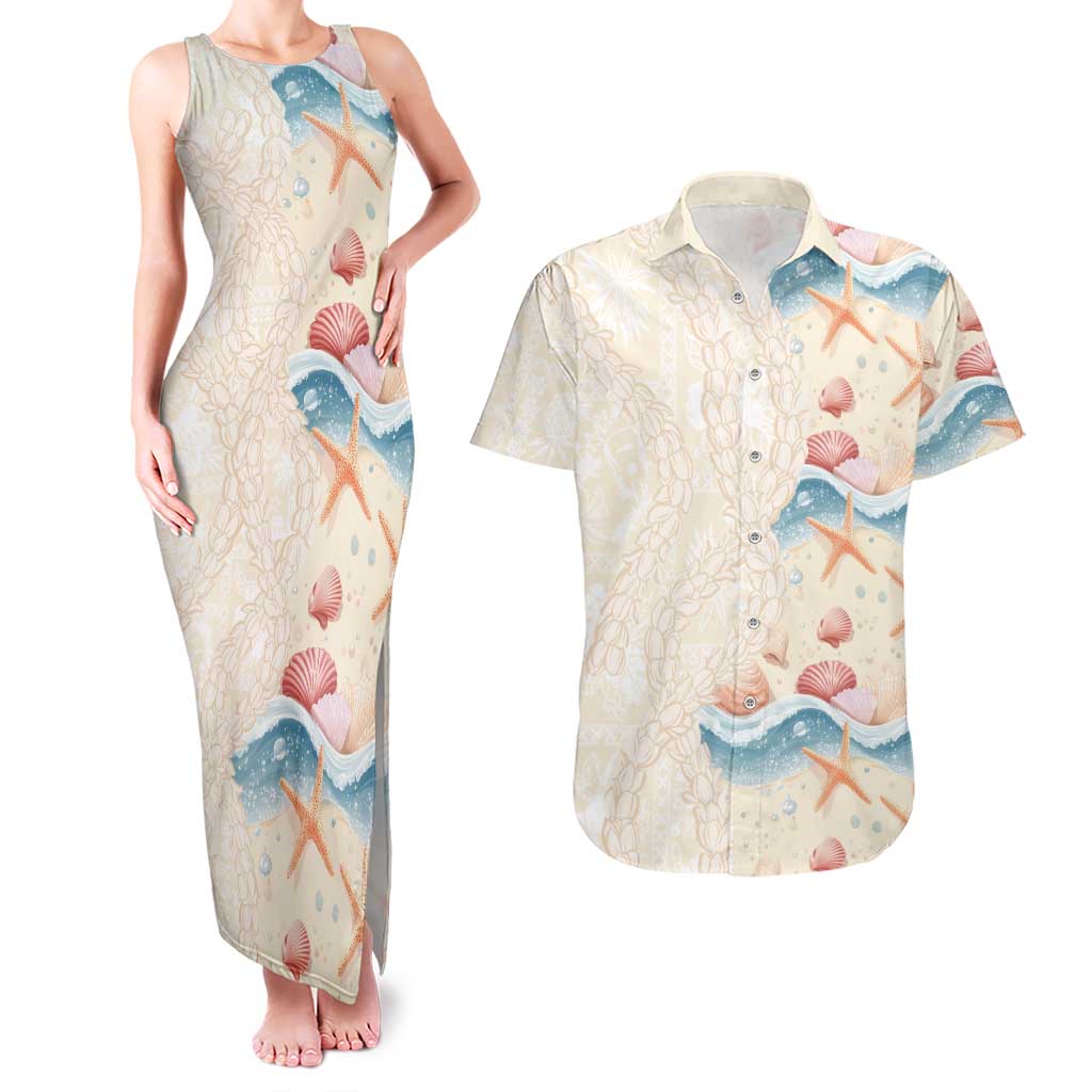 Beige Hawaii Lei Seashells Starfish Couples Matching Tank Maxi Dress and Hawaiian Shirt Sandy Sylized LT01 Beige - Polynesian Pride