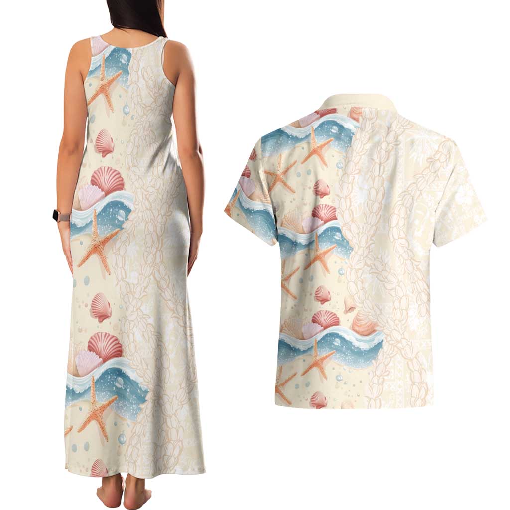 Beige Hawaii Lei Seashells Starfish Couples Matching Tank Maxi Dress and Hawaiian Shirt Sandy Sylized LT01 - Polynesian Pride
