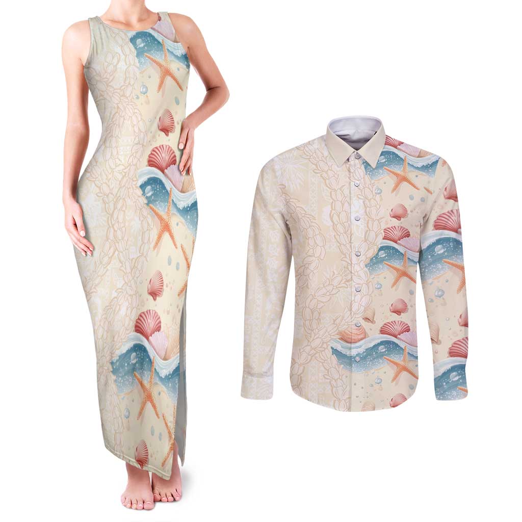 Beige Hawaii Lei Seashells Starfish Couples Matching Tank Maxi Dress and Long Sleeve Button Shirt Sandy Sylized LT01 Beige - Polynesian Pride