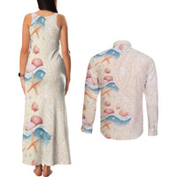 Beige Hawaii Lei Seashells Starfish Couples Matching Tank Maxi Dress and Long Sleeve Button Shirt Sandy Sylized LT01 - Polynesian Pride