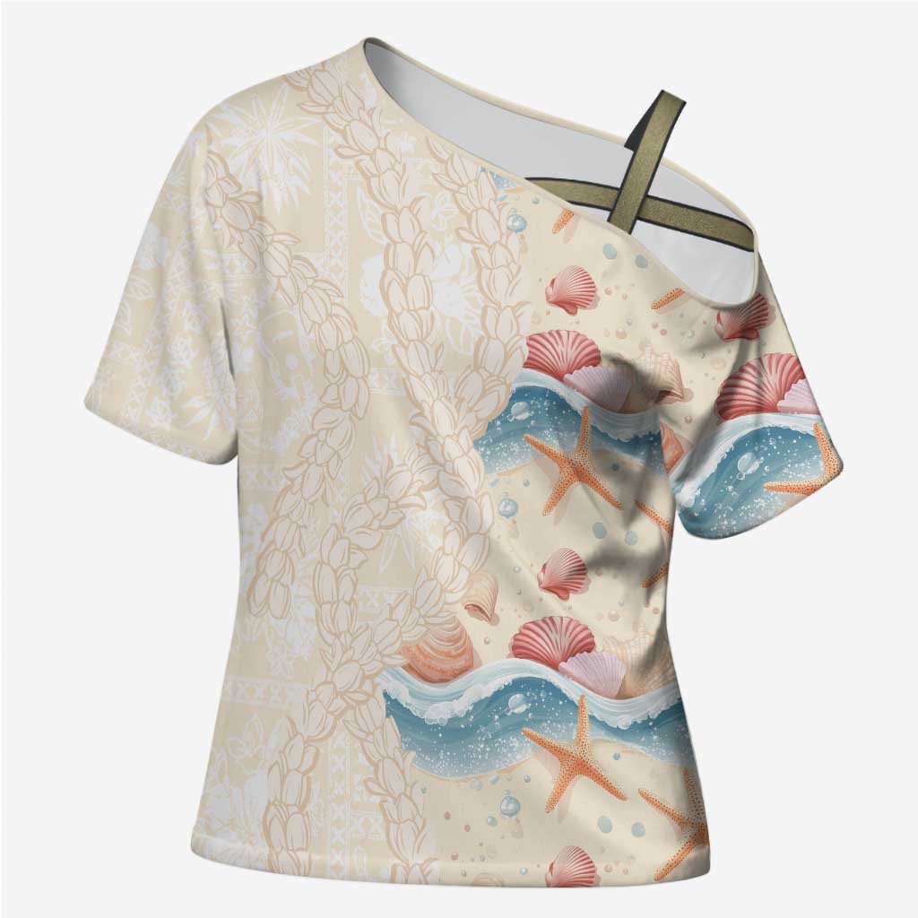 Beige Hawaii Lei Seashells Starfish Cross Shoulder Shirt Sandy Sylized LT01 Female Beige - Polynesian Pride