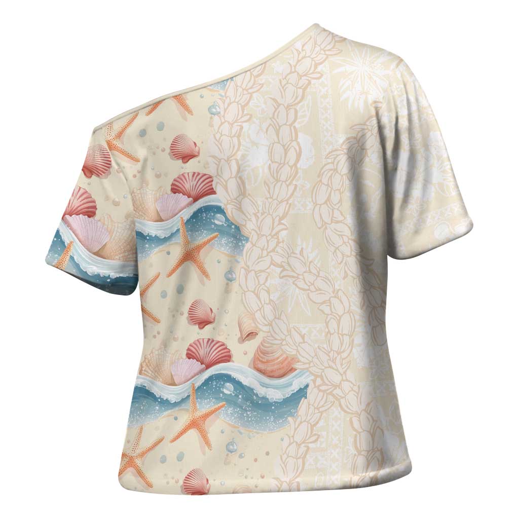 Beige Hawaii Lei Seashells Starfish Cross Shoulder Shirt Sandy Sylized LT01 - Polynesian Pride