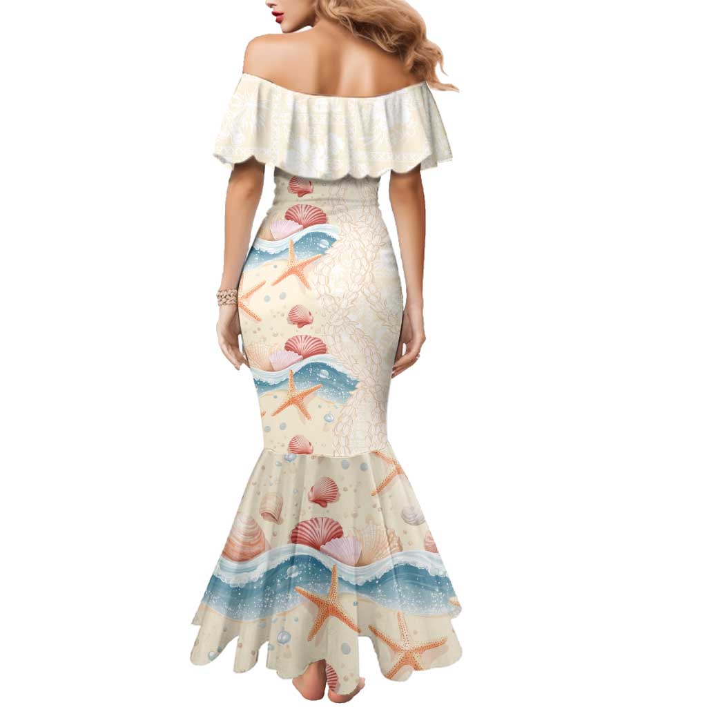 Beige Hawaii Lei Seashells Starfish Family Matching Mermaid Dress and Hawaiian Shirt Sandy Sylized - Polynesian Pride