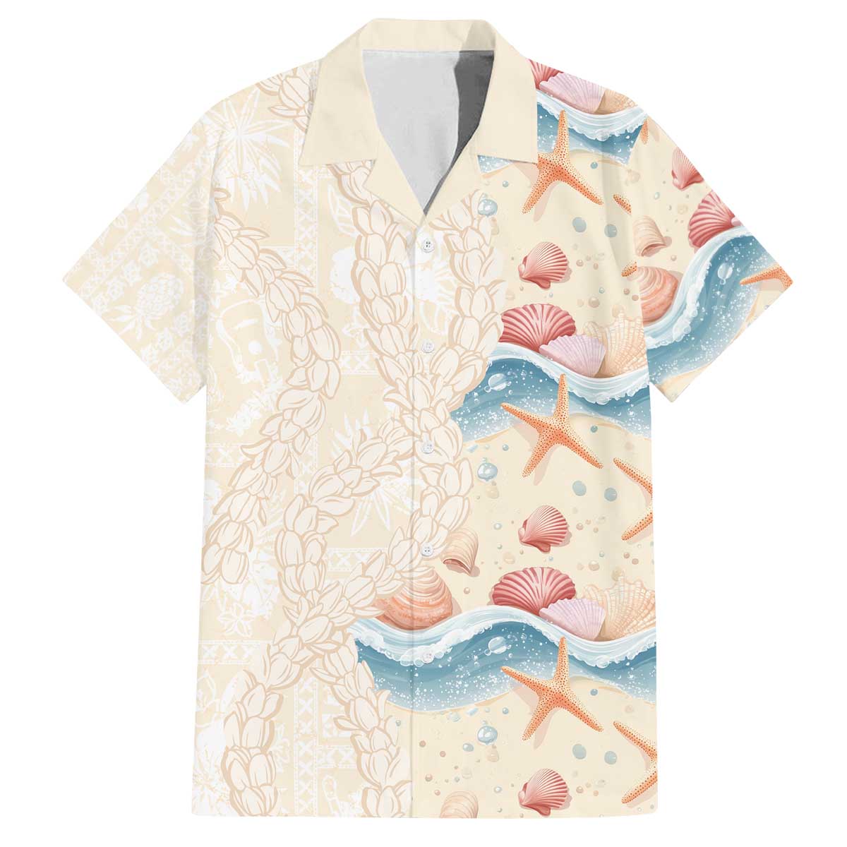 Beige Hawaii Lei Seashells Starfish Family Matching Off The Shoulder Long Sleeve Dress and Hawaiian Shirt Sandy Sylized - Polynesian Pride