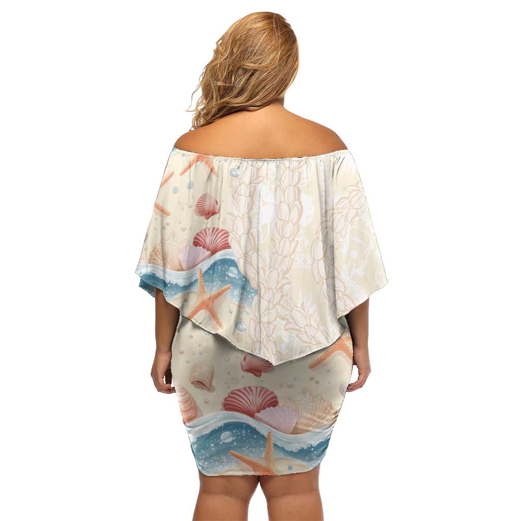 Beige Hawaii Lei Seashells Starfish Family Matching Off Shoulder Short Dress and Hawaiian Shirt Sandy Sylized LT01 - Polynesian Pride