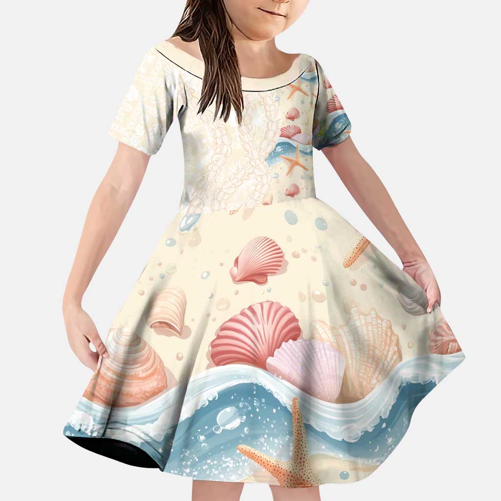 Beige Hawaii Lei Seashells Starfish Family Matching Puletasi and Hawaiian Shirt Sandy Sylized LT01 Daughter's Dress Beige - Polynesian Pride