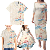 Beige Hawaii Lei Seashells Starfish Family Matching Puletasi and Hawaiian Shirt Sandy Sylized LT01 - Polynesian Pride
